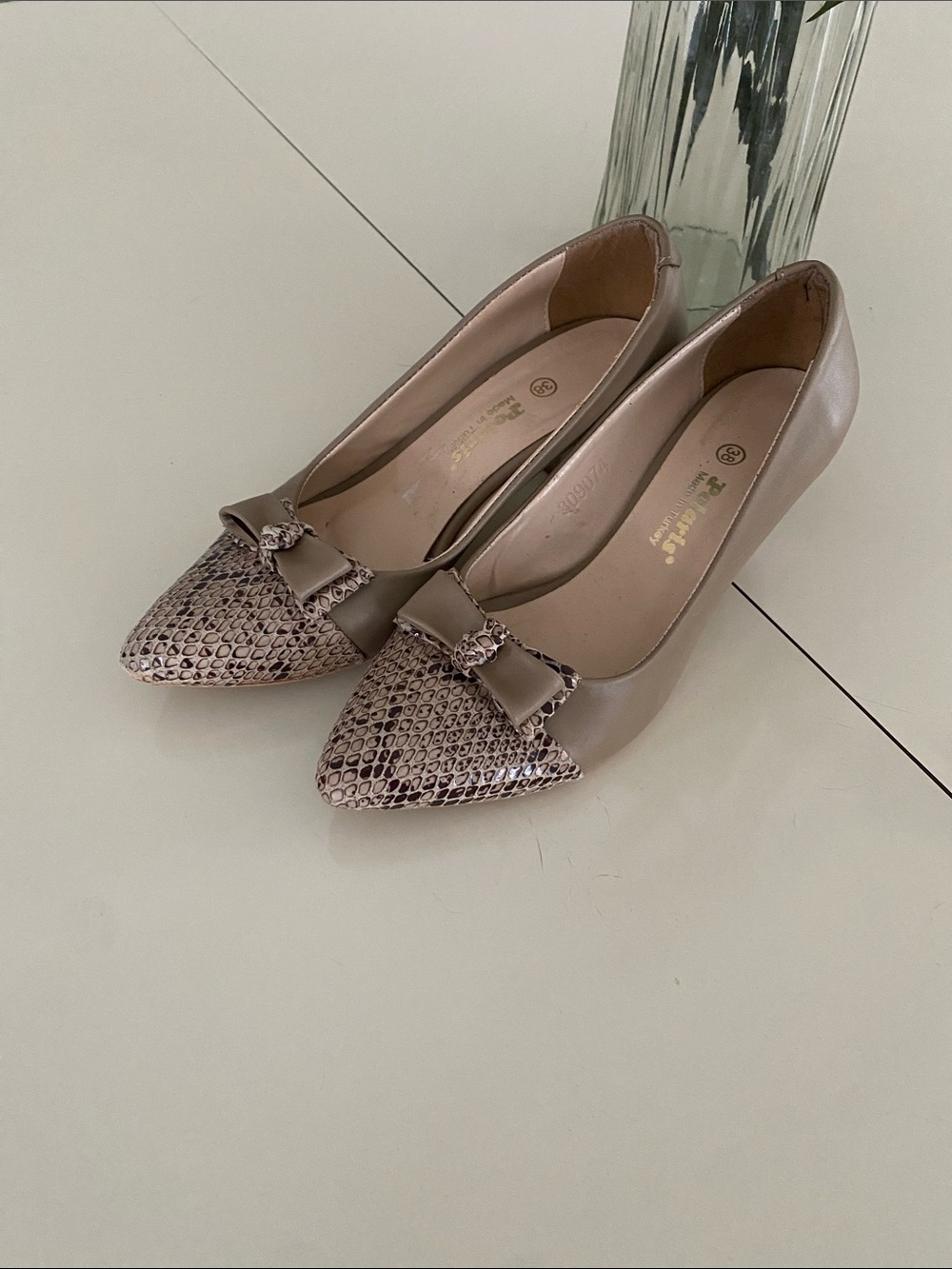Pointed Bow Flats in Taupe Snake-Print and Smooth Upper